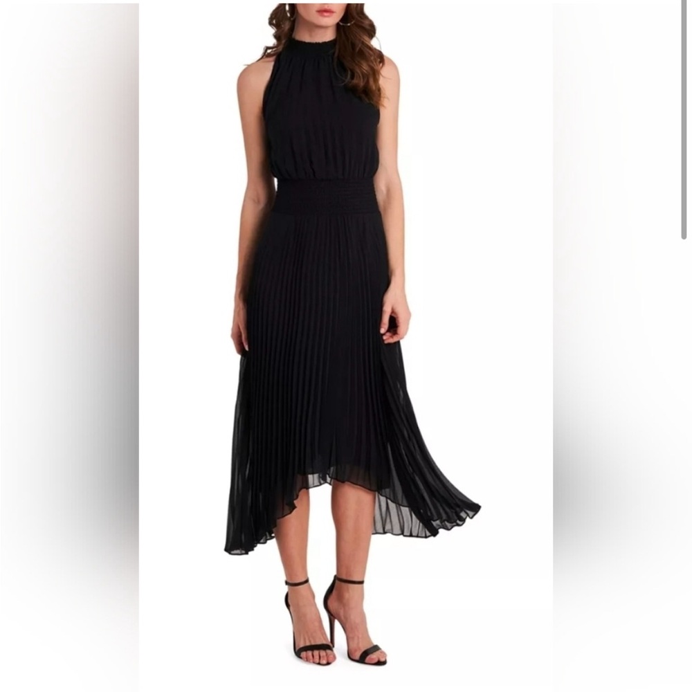 1. State Black Pleated Halter High-Low Midi Dress